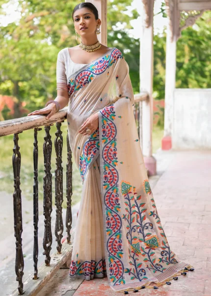 Cream and Navy Muga Cotton Woven Floral Saree