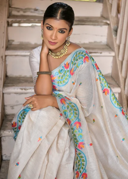 Cream and Turquoise Muga Cotton Woven Floral Saree