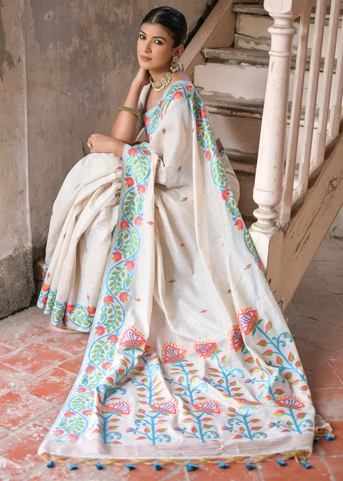 Cream and Turquoise Muga Cotton Woven Floral Saree