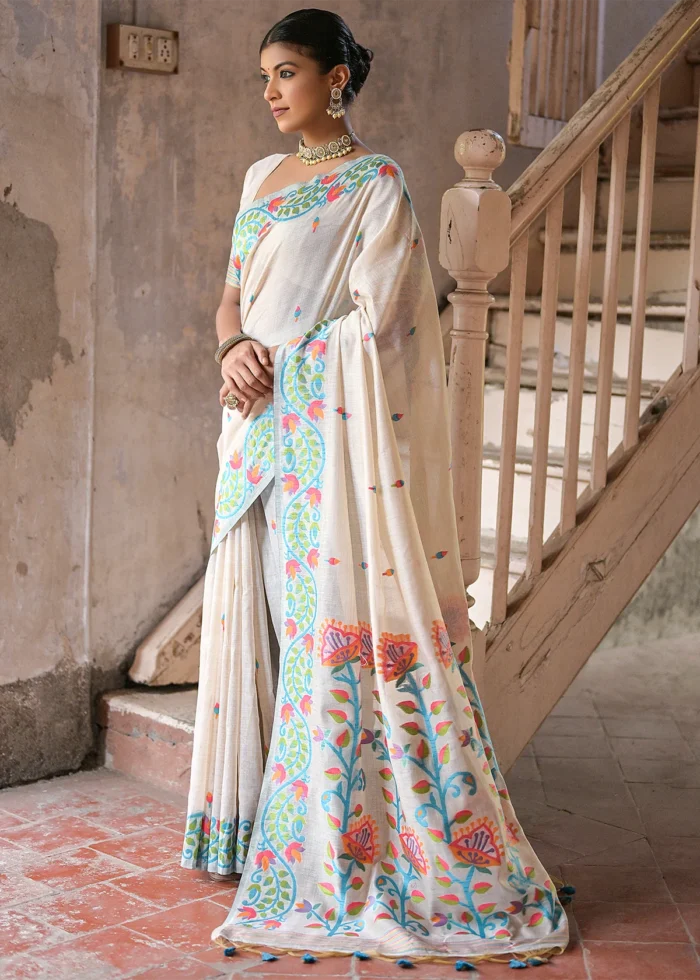 Cream and Turquoise Muga Cotton Woven Floral Saree