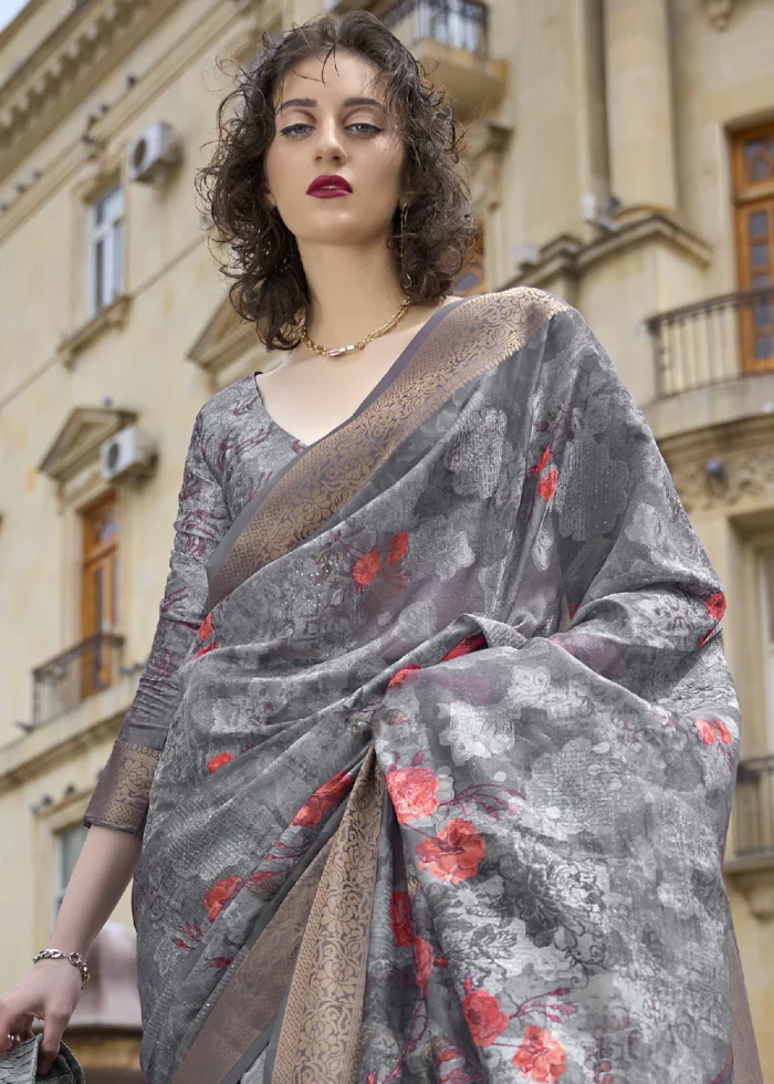 Dark Gray Silk Brasso Saree