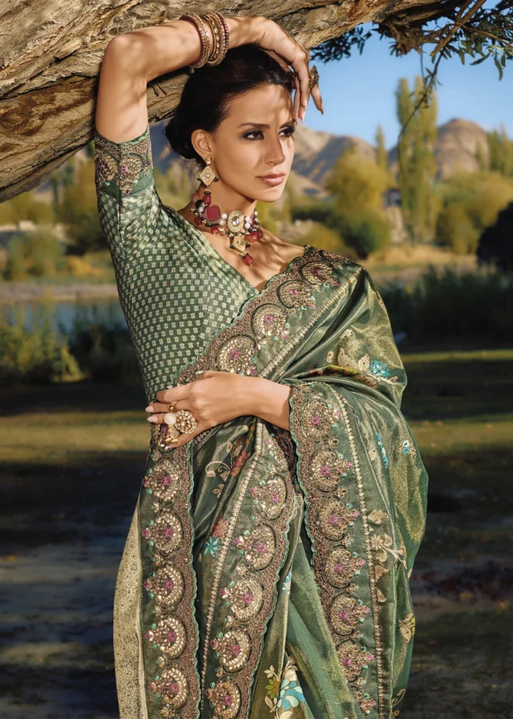 Dark Green Banarasi Saree with Embroidery Work