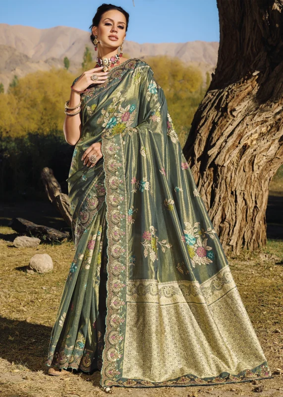 Dark Green Banarasi Saree with Embroidery Work