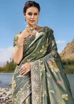 Dark Sage Green Banarasi Saree with Embroidery Work