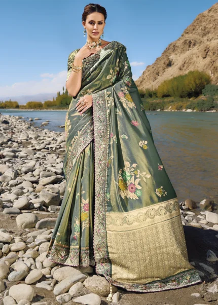 Dark Sage Green Banarasi Saree with Embroidery Work