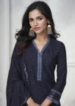 Embroidered Dark Blue Chinon Silk Sharara Suit