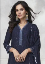 Embroidered Dark Blue Chinon Silk Sharara Suit