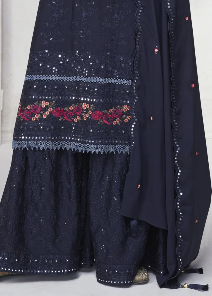 Embroidered Dark Blue Chinon Silk Sharara Suit