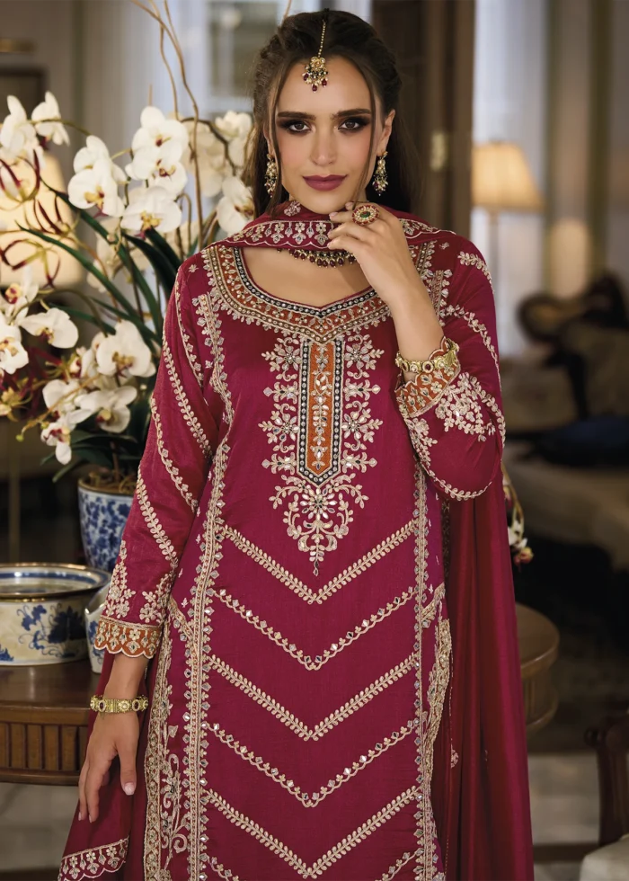 Embroidered Maroon Silk Sharara Suit