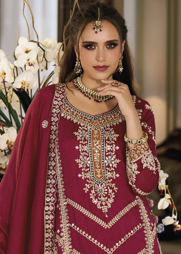 Embroidered Maroon Silk Sharara Suit