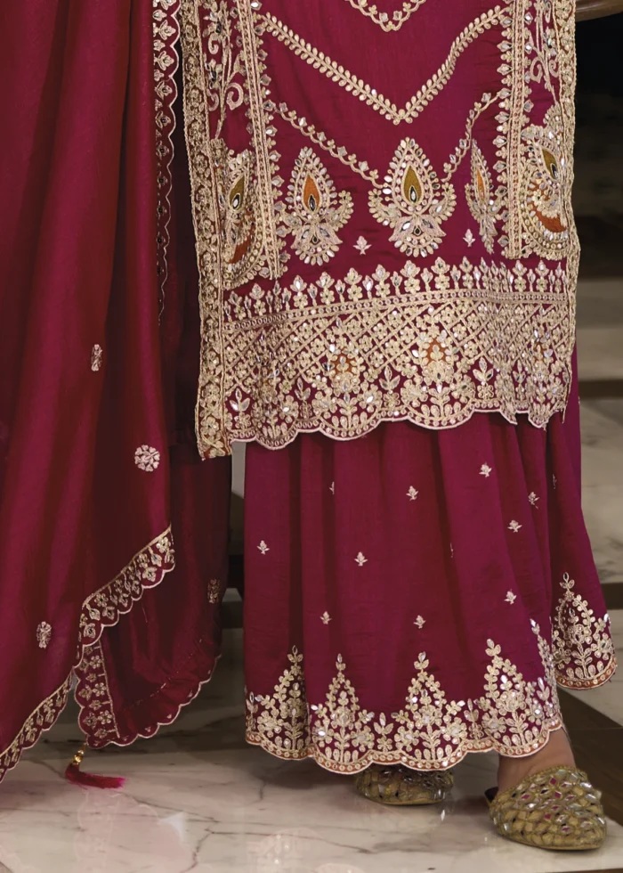 Embroidered Maroon Silk Sharara Suit