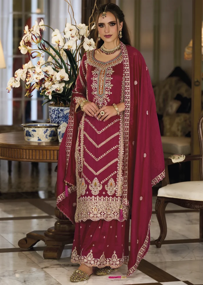 Embroidered Maroon Silk Sharara Suit