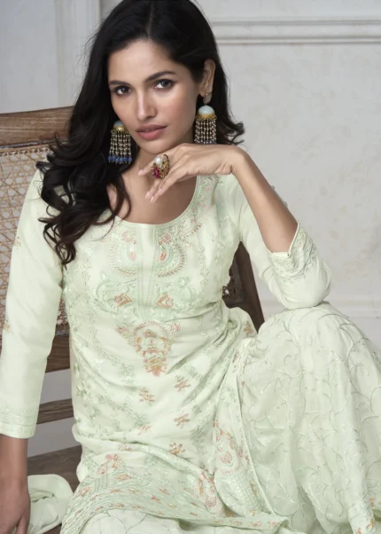 Embroidered Mint Green Chinon Silk Sharara Suit