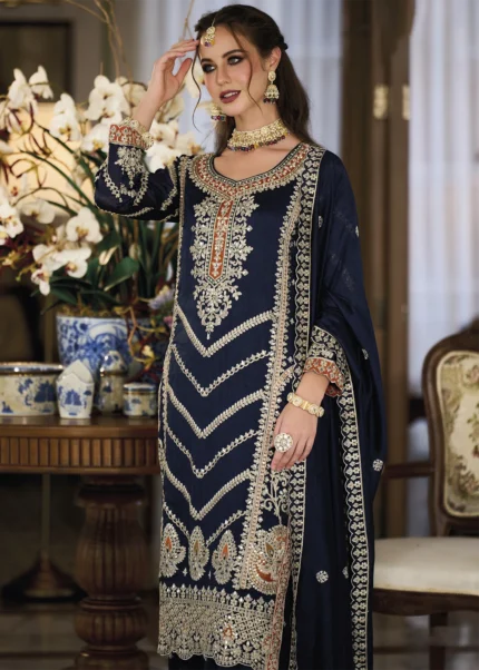 Embroidered Navy Blue Silk Sharara Suit