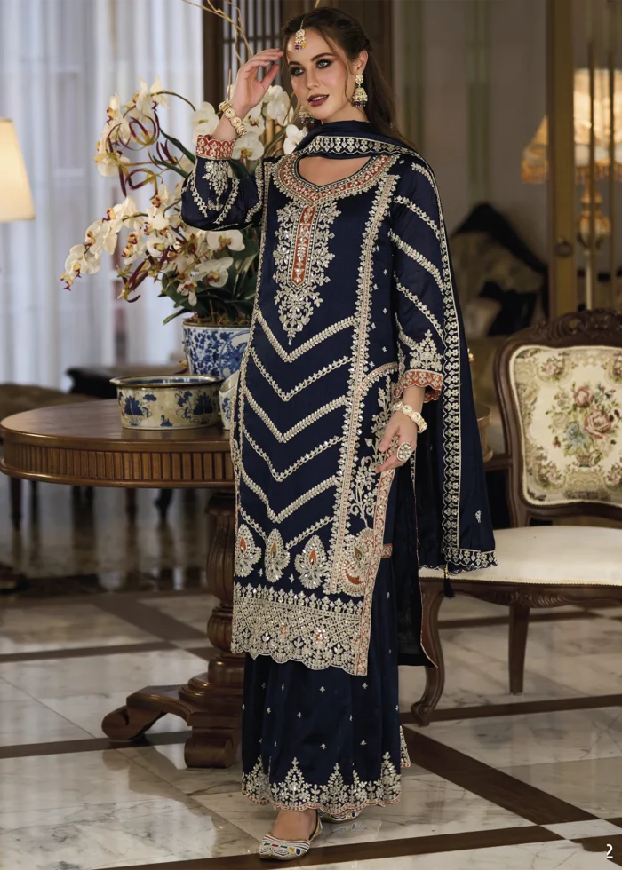 Embroidered Navy Blue Silk Sharara Suit