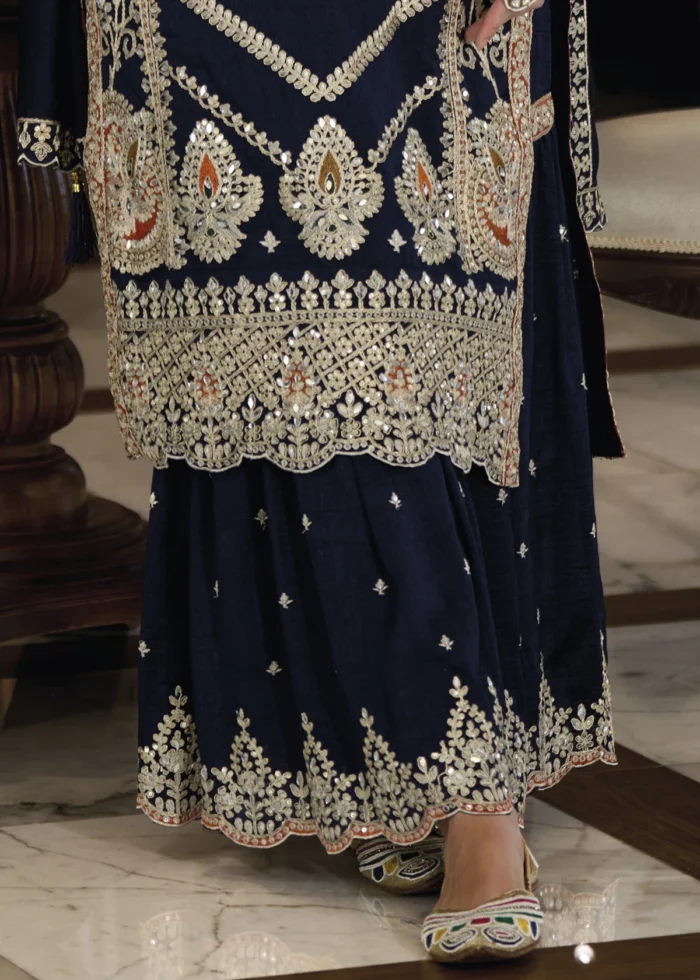 Embroidered Navy Blue Silk Sharara Suit