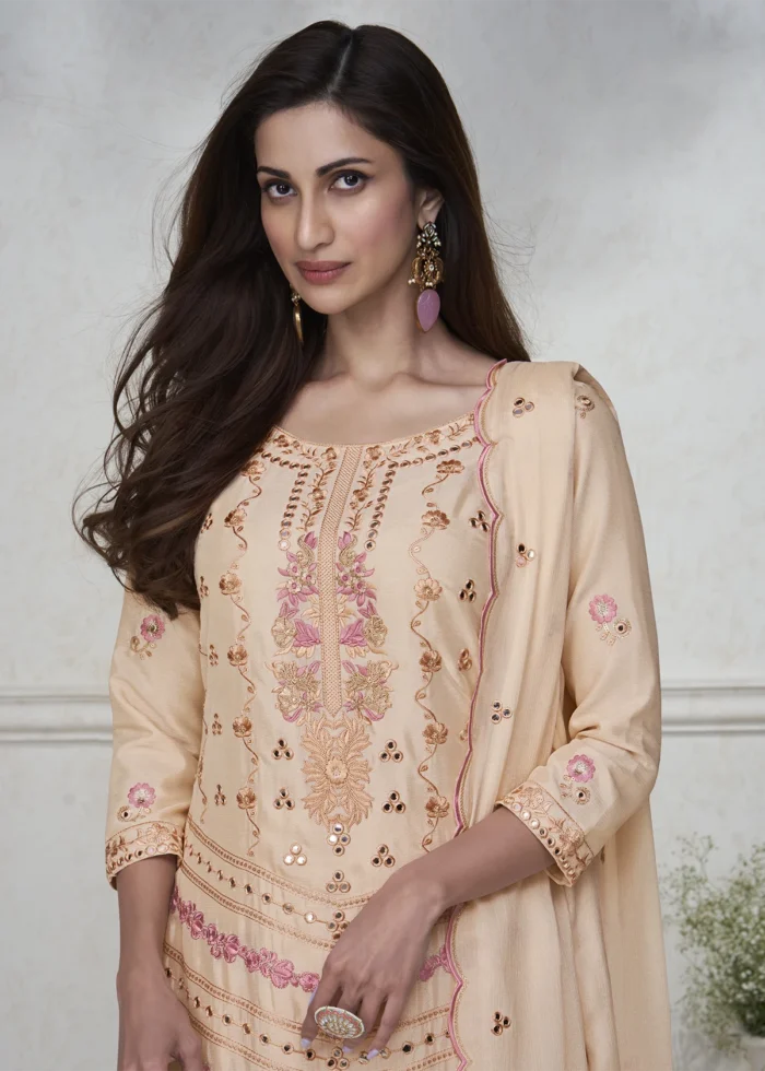 Embroidered Peach Chinon Silk Sharara Suit