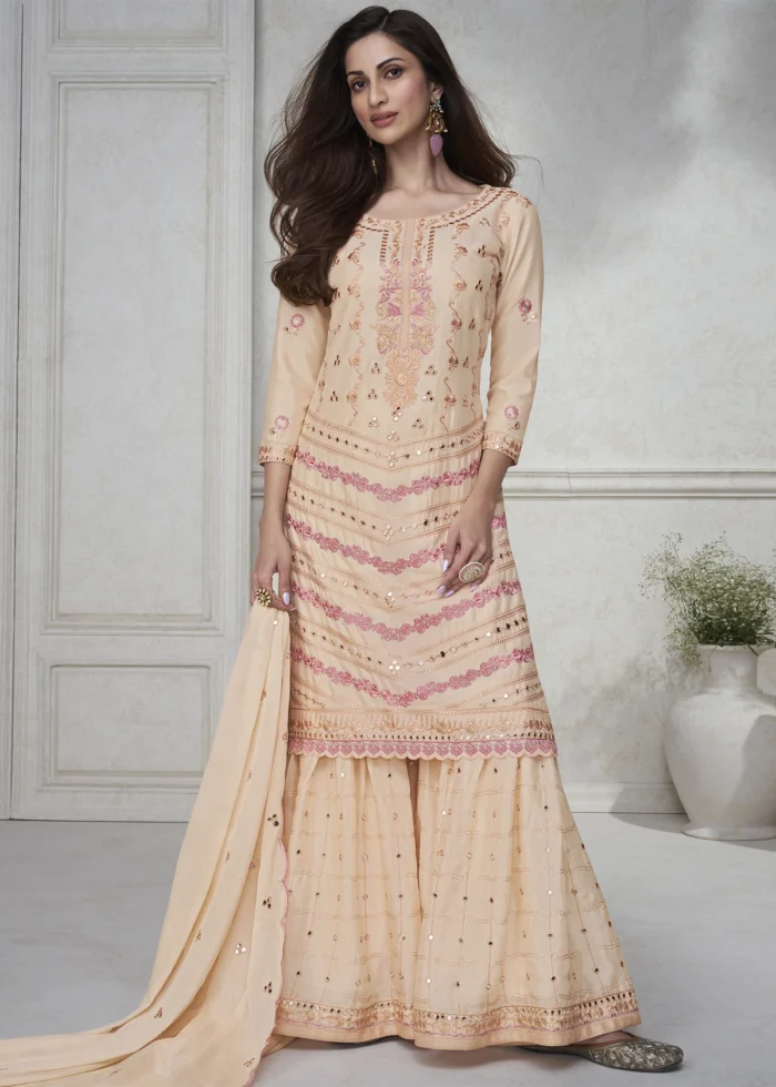 Embroidered Peach Chinon Silk Sharara Suit