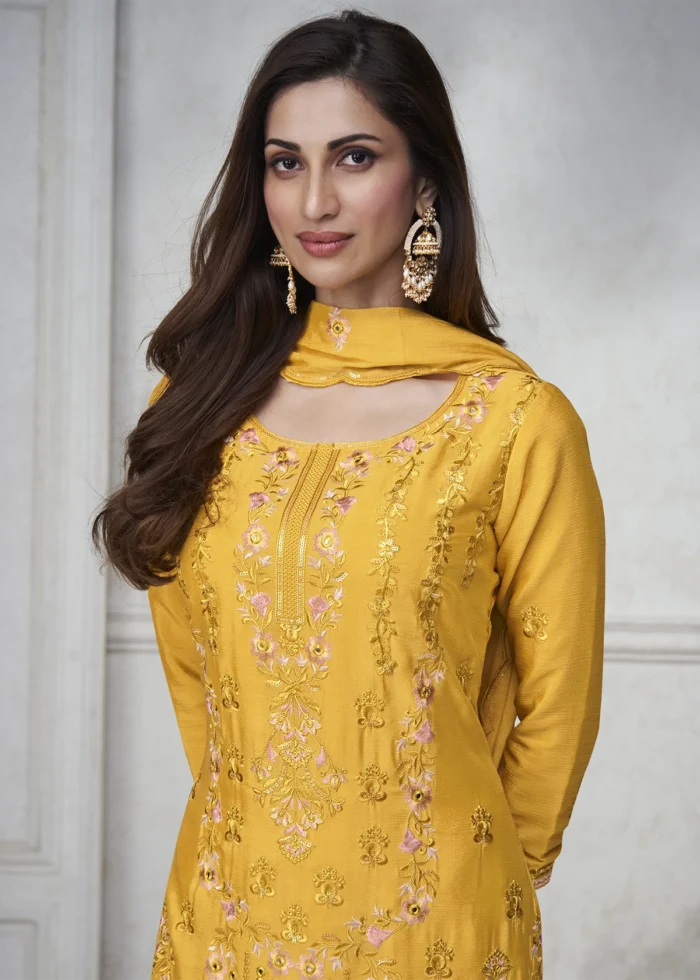 Embroidered Saffron Yellow Chinon Silk Sharara Suit