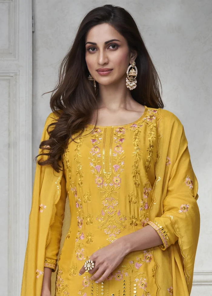 Embroidered Saffron Yellow Chinon Silk Sharara Suit