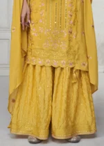 Embroidered Saffron Yellow Chinon Silk Sharara Suit