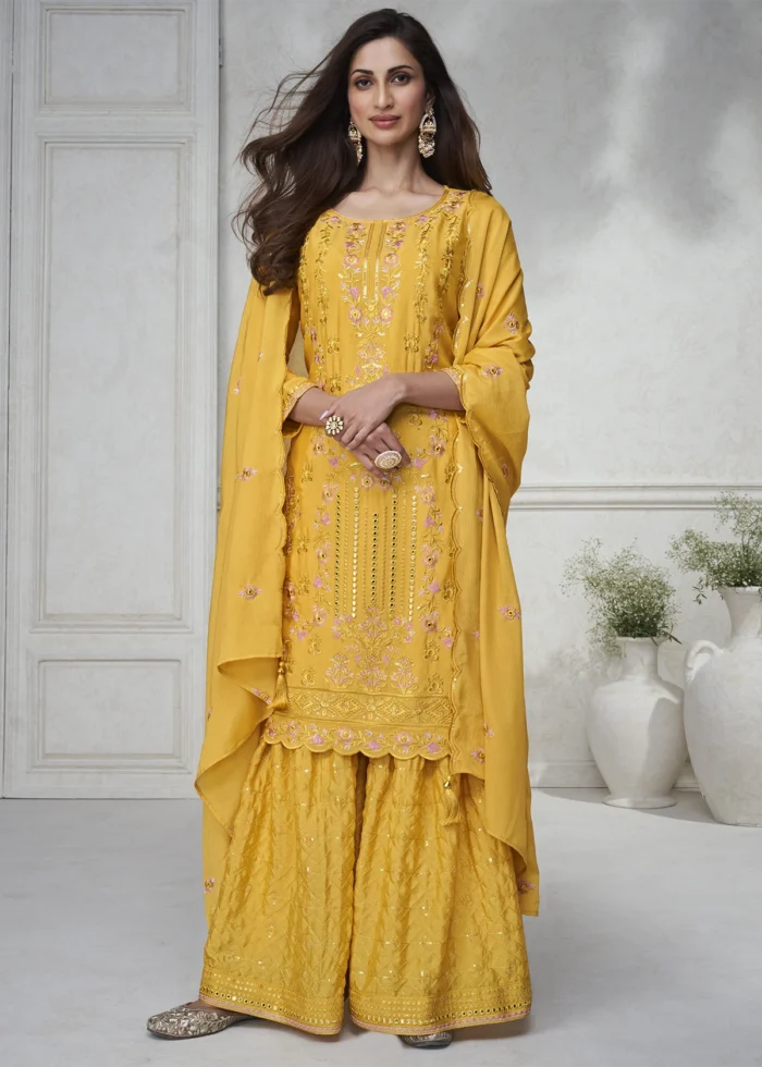 Embroidered Saffron Yellow Chinon Silk Sharara Suit