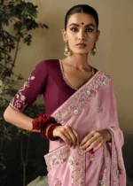 Flamingo Pink Embroidered Dola Silk Saree