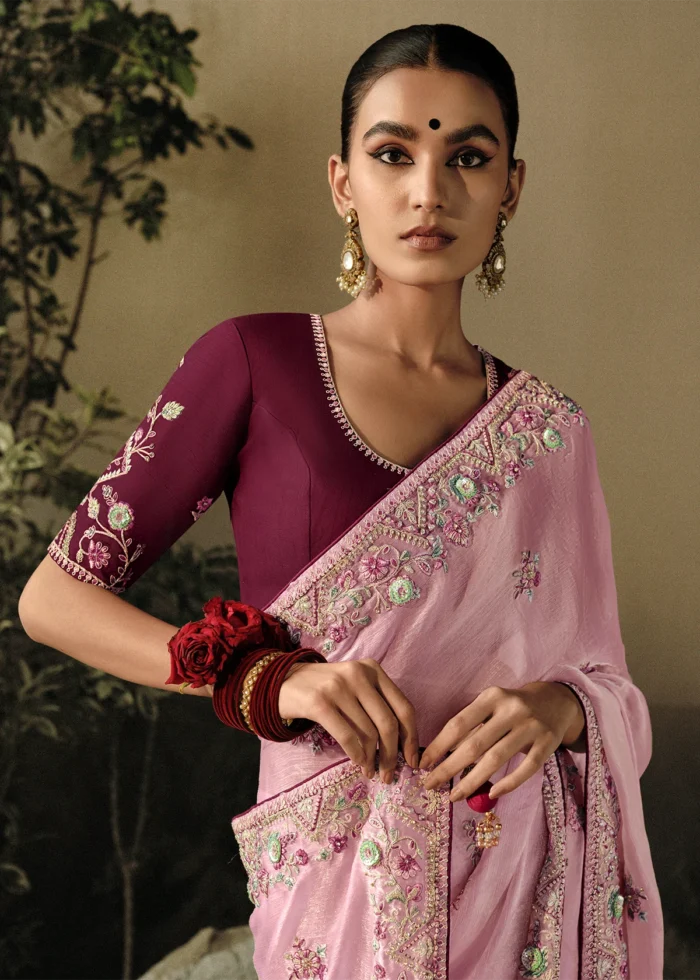 Flamingo Pink Embroidered Dola Silk Saree