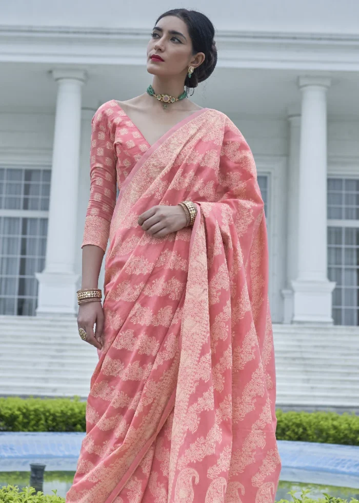 Flamingo Pink Lucknowi Chikankari Cotton Silk Saree