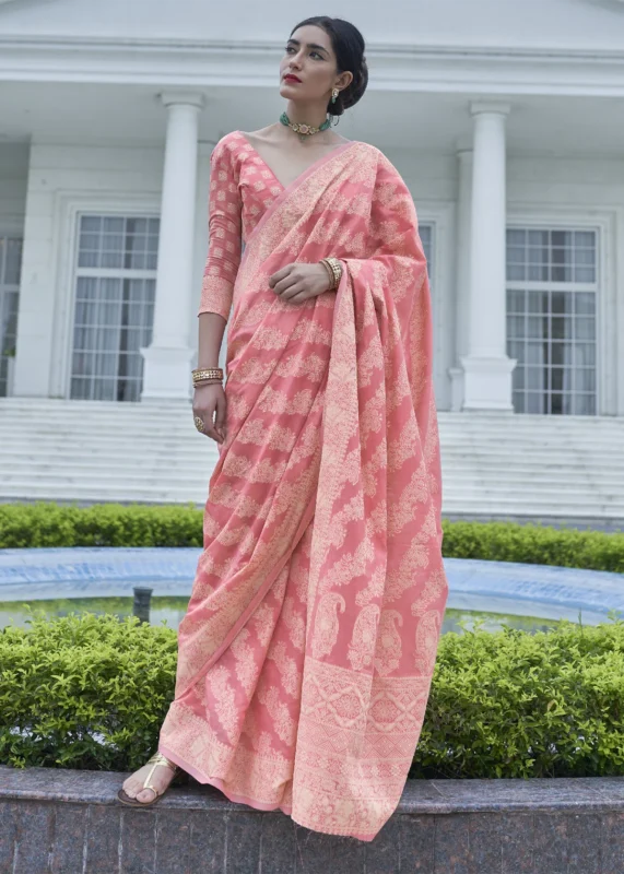 Flamingo Pink Lucknowi Chikankari Cotton Silk Saree