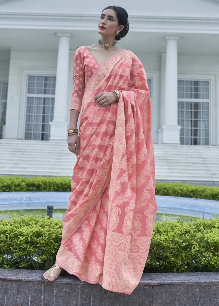 Flamingo Pink Lucknowi Chikankari Cotton Silk Saree