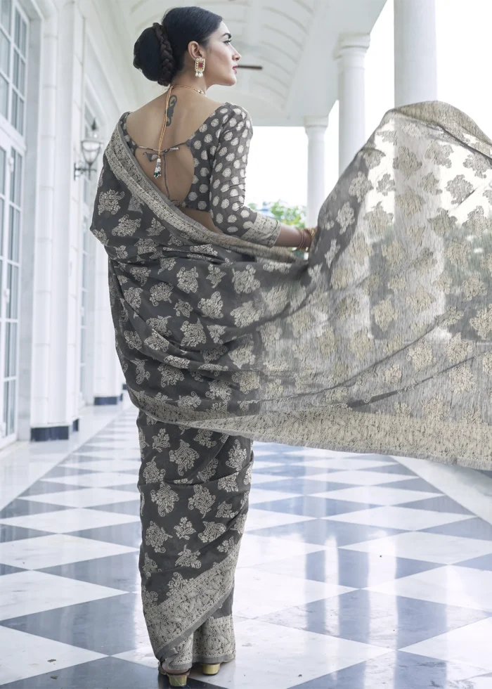 Fossil Gray Lucknowi Chikankari Cotton Silk Saree