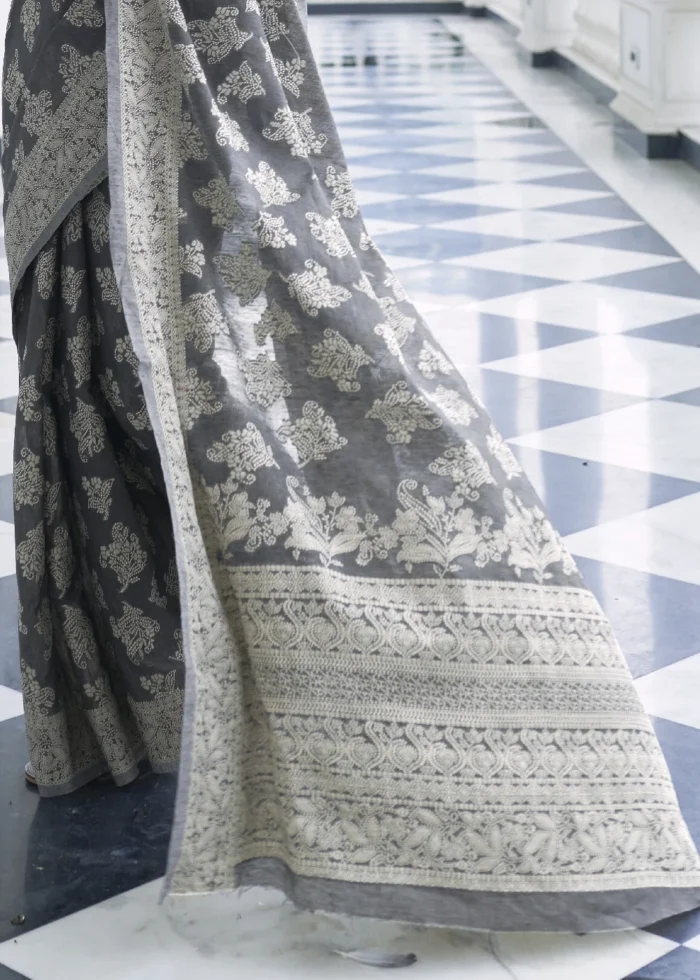 Fossil Gray Lucknowi Chikankari Cotton Silk Saree