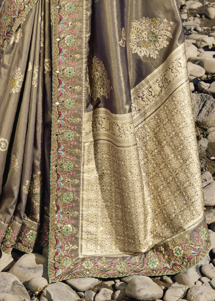 Olive Brown Banarasi Saree with Embroidery Work