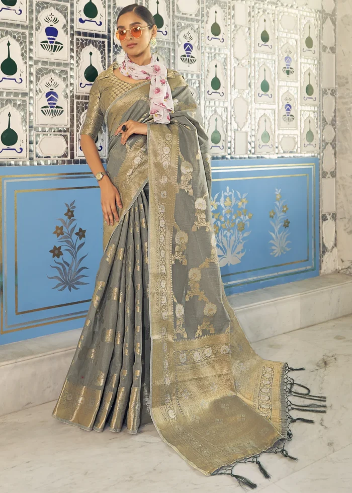 Gray Woven Linen Silk Saree