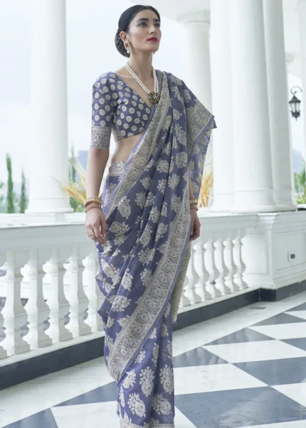 Greyish Blue Lucknowi Chikankari Cotton Silk Saree