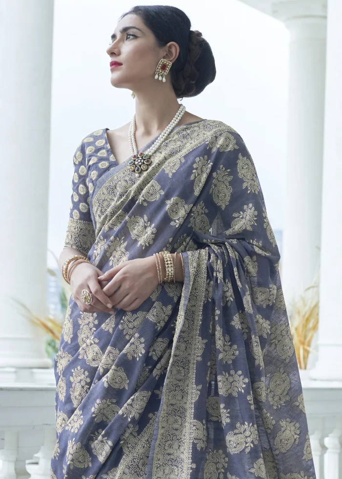 Greyish Blue Lucknowi Chikankari Cotton Silk Saree