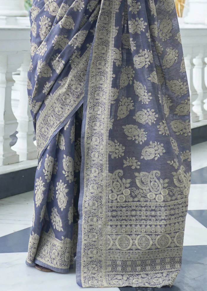 Greyish Blue Lucknowi Chikankari Cotton Silk Saree