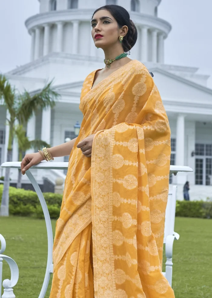 Honey Yellow Lucknowi Chikankari Cotton Silk Saree