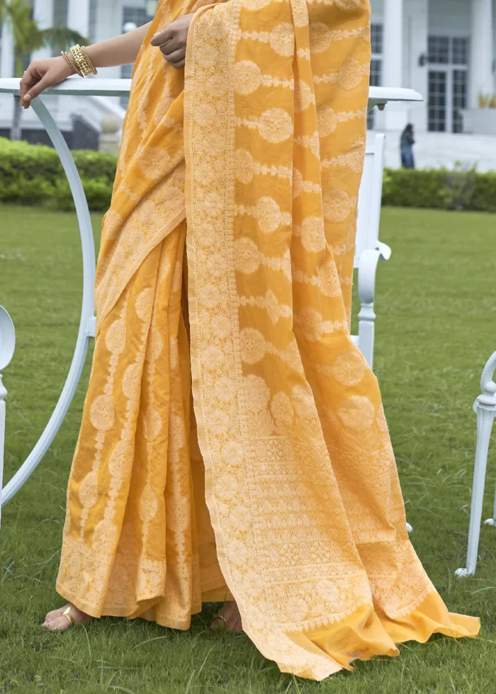 Honey Yellow Lucknowi Chikankari Cotton Silk Saree