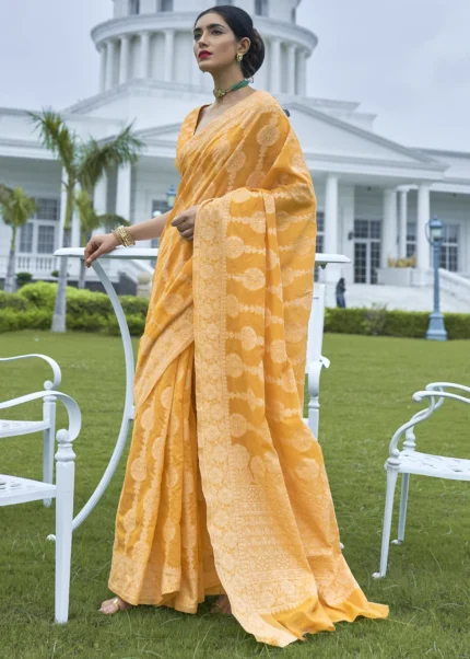 Honey Yellow Lucknowi Chikankari Cotton Silk Saree