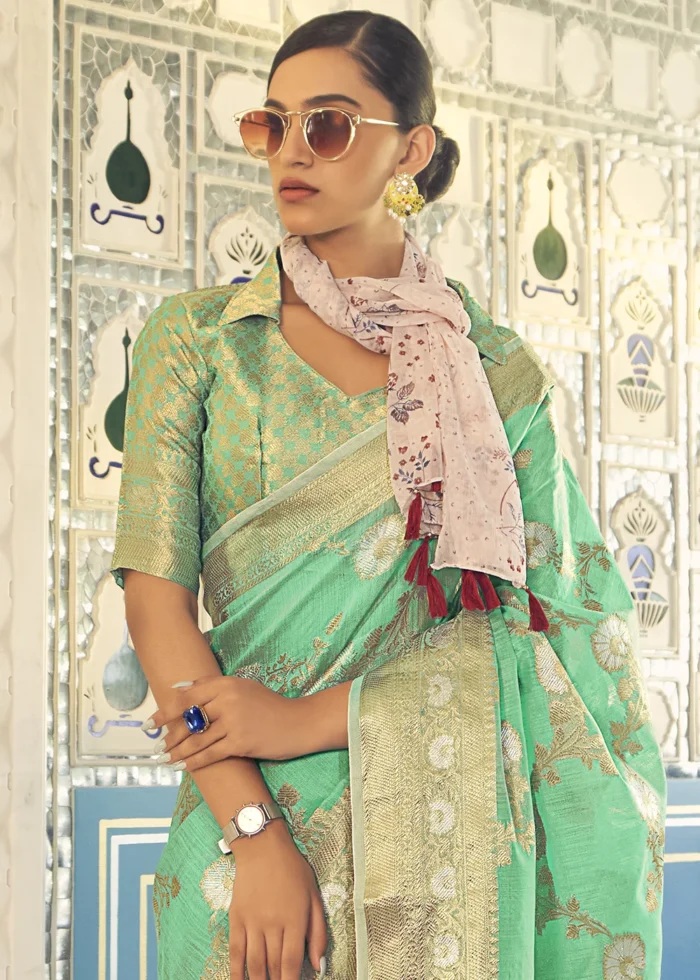 Jade Green Woven Linen Silk Saree