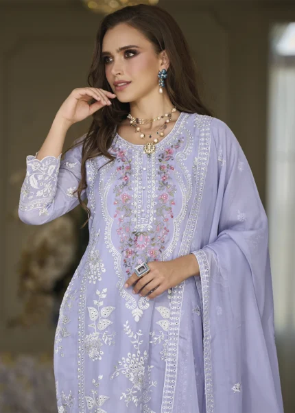 Lavender Organza Suit with Embroidery Work