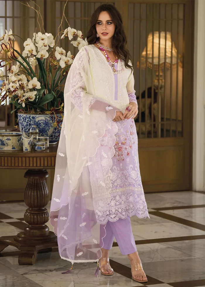 Lavender Organza Suit with Embroidery Work