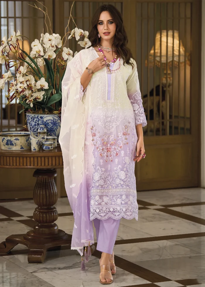 Lavender Organza Suit with Embroidery Work