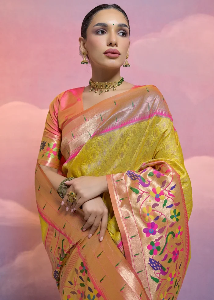 Lemon Yellow Paithani Silk Saree