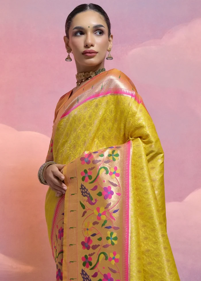 Lemon Yellow Paithani Silk Saree