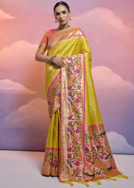 Lemon Yellow Paithani Silk Saree