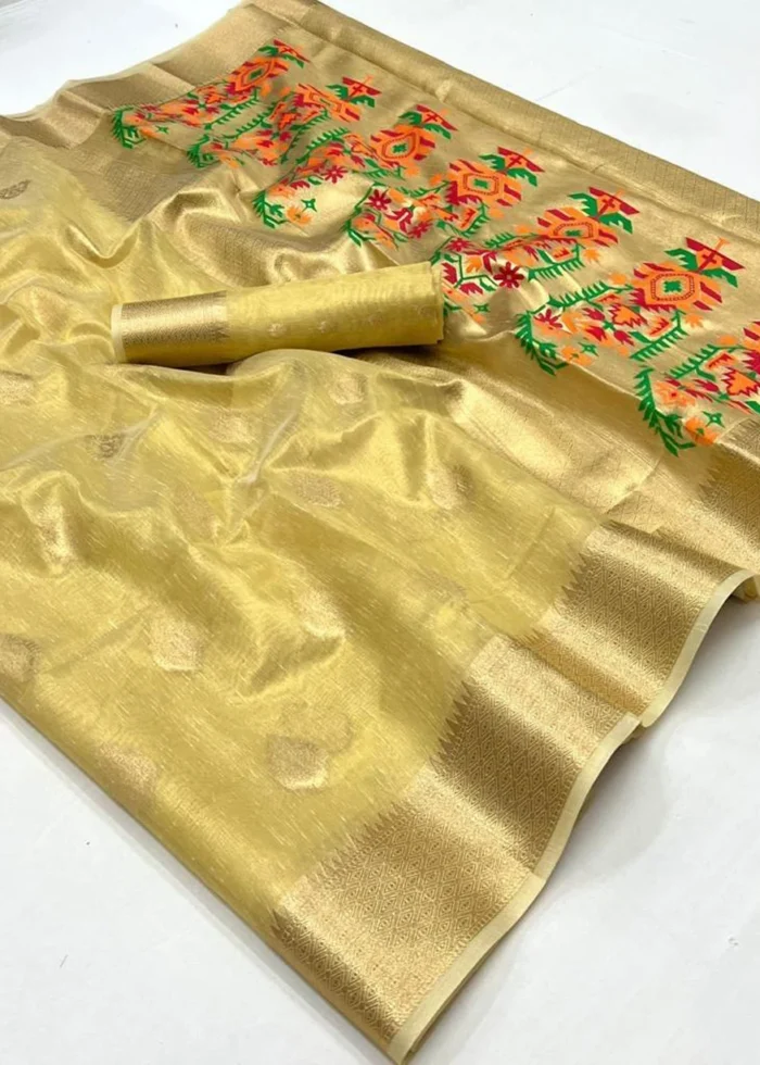 Lemon Yellow Tissue Silk Saree