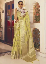 Lemon Yellow Woven Linen Silk Saree